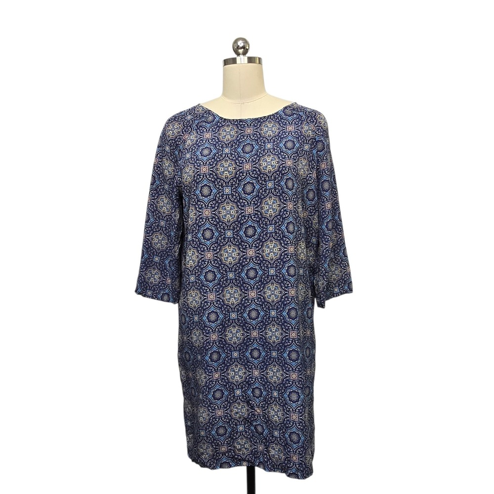 Garnet Hill Women 100% Silk Shift Dress Navy Blue Geometric Mandala Print Size 6